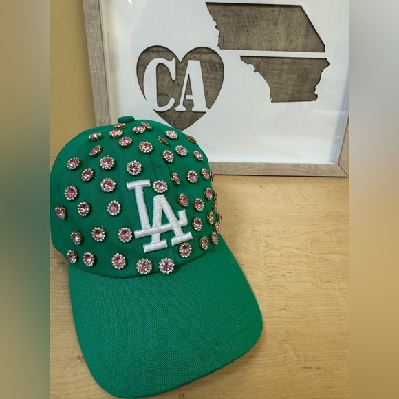 Custom LA Cap. New. Handmade. Green with pink stones.